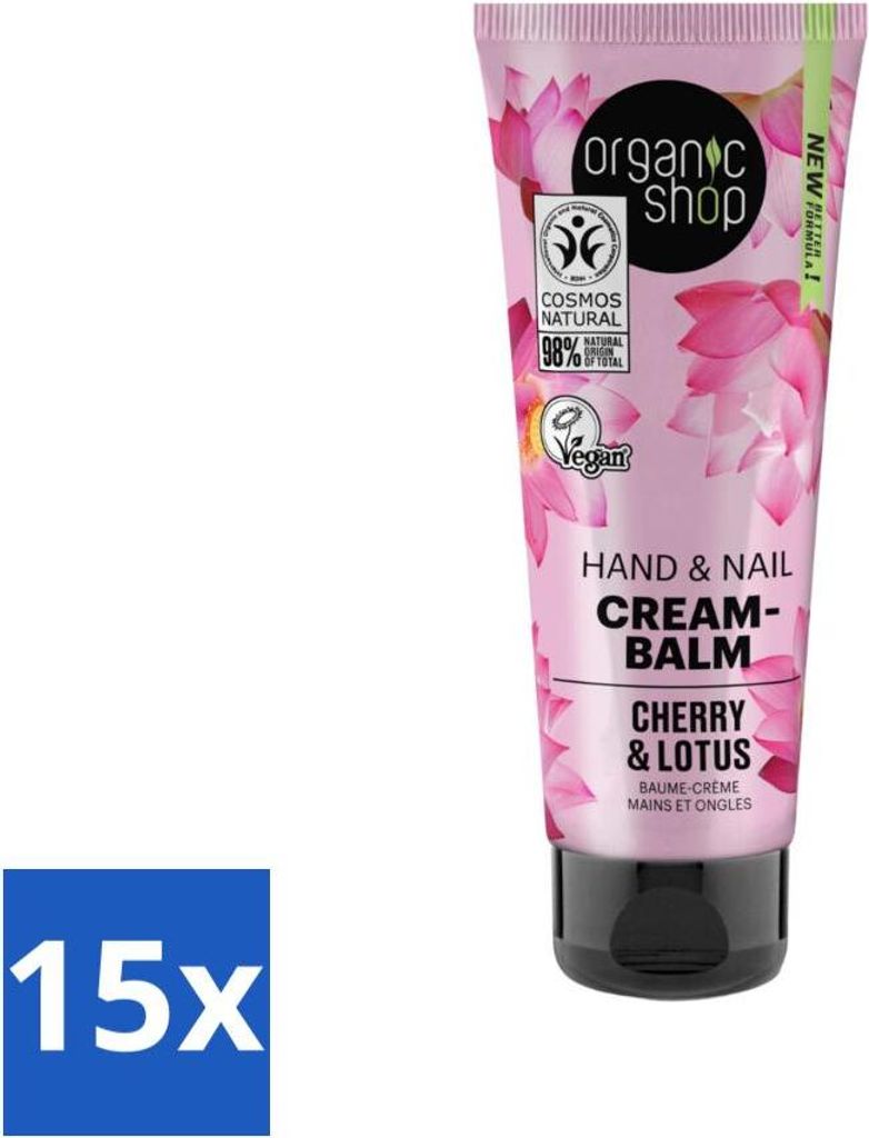 Organic Shop - Hand- und Nagelcreme - Kirsche und Lotus - Nährend und feuchtigkeitsspendend - 75 ml - Vorteilspack - 15 Stücke