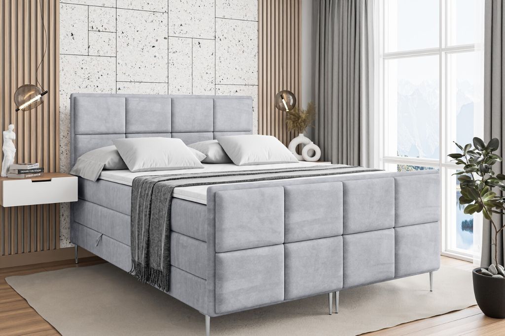 ALTDECOR Boxspringbett mit Silber Füßen, Matratze und Lattenrost, Topper, Fußteil, Polsterbett mit Bettkasten, Bett mit Stauraum H3- und H4- Mat...