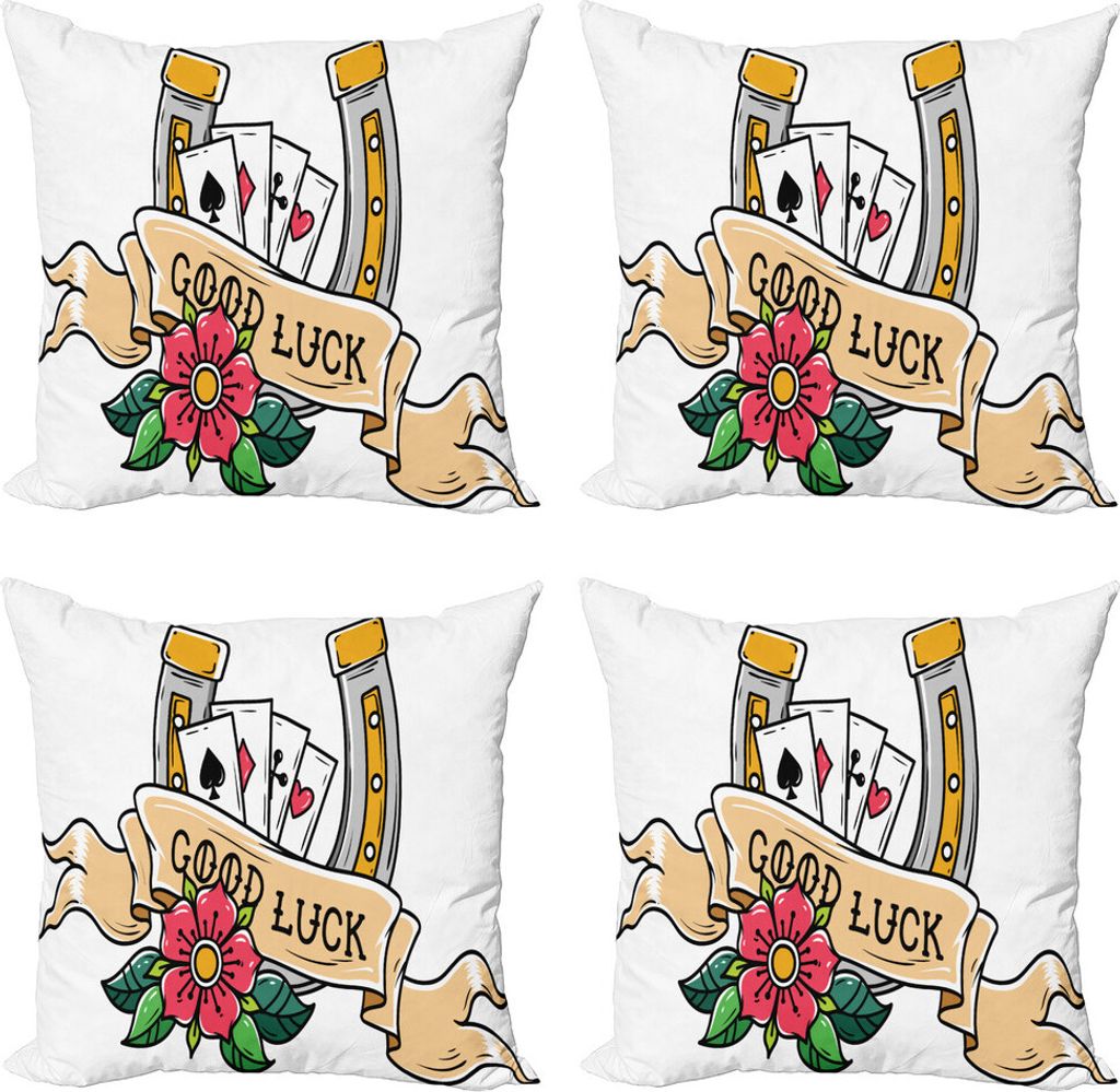 ABAKUHAUS Alte Schule Kissenbezug Set (4 Stück), Luck Tattoo Design, Moderner Doppelseitiger Digitaldruck, 40 cm x 40 cm, Mehrfarbig