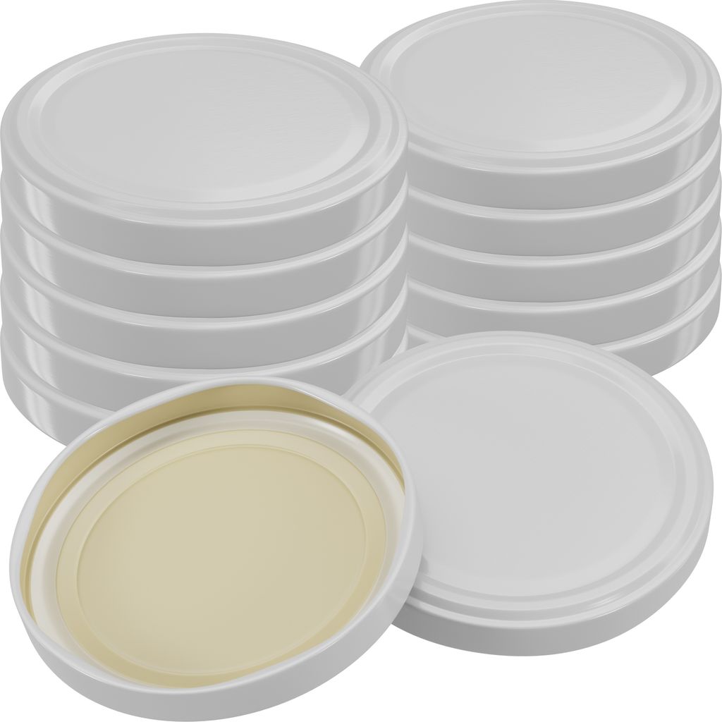 A stack of white jar lids and one lid shown separately.