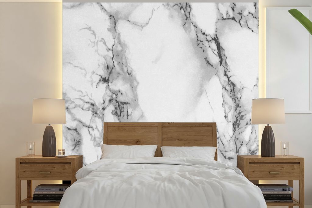 MuchoWow Fototapete für Wohnzimmer oder Schlafzimmer Wandtapete Vinyl Motivtapete Marmor - Stein - Weiß - Grau - Schwarz - Marmoroptik - 350x35...