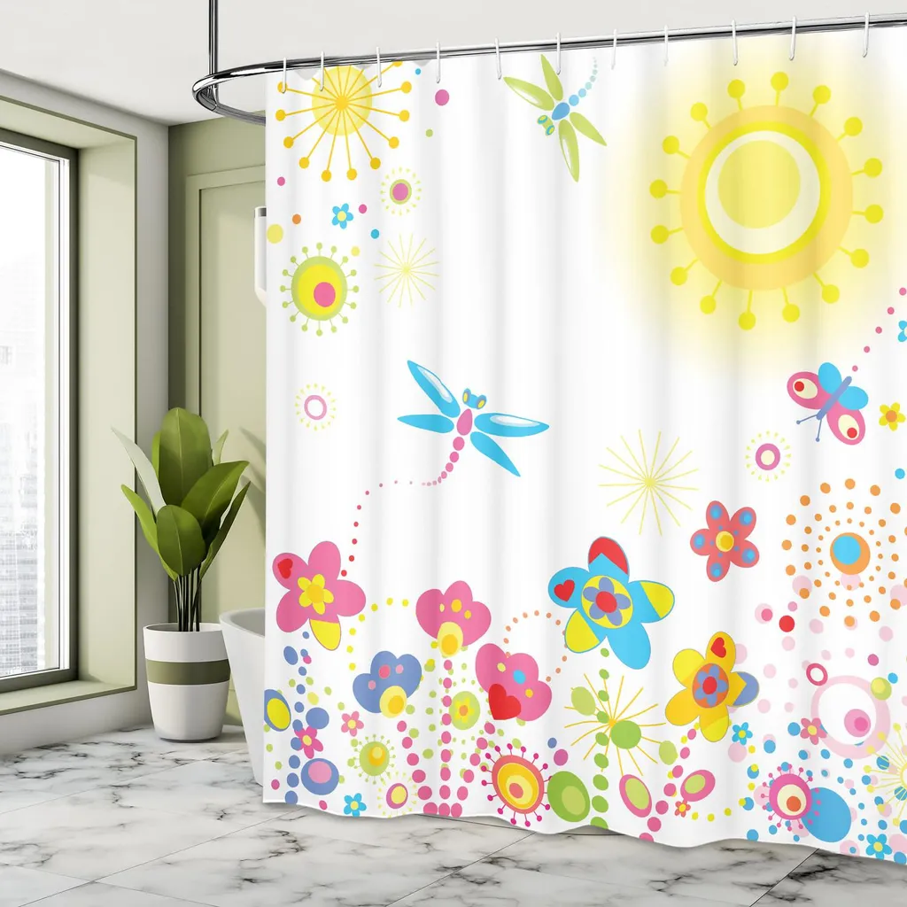 Rideau de Douche Anti-Eclaboussures 240cm Libellule Textile Multicolore