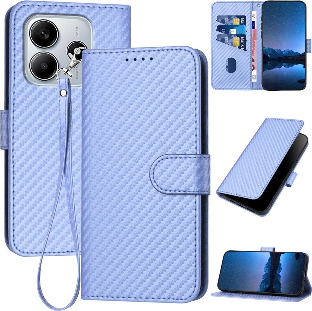 Für Xiaomi Redmi Note 14 5G Carbon Fiber Design Kunstleder Hülle Tasche mit Lanyard Hellblau