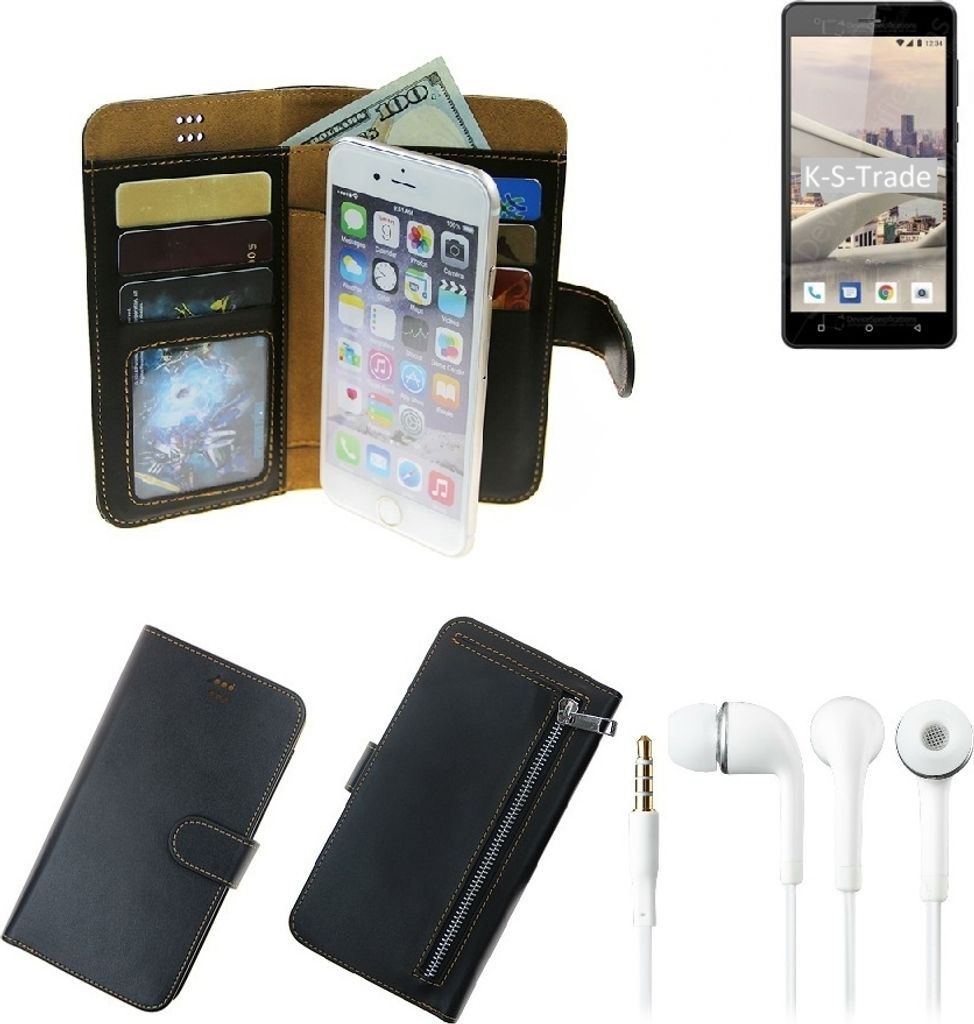 TOP SET Handy Hülle Schutz Hülle kompatibel mit Energizer Energy E551S schwarz aus Kunstleder + Kopfhörer Smartphone Tasche vollwertige Geldbörse