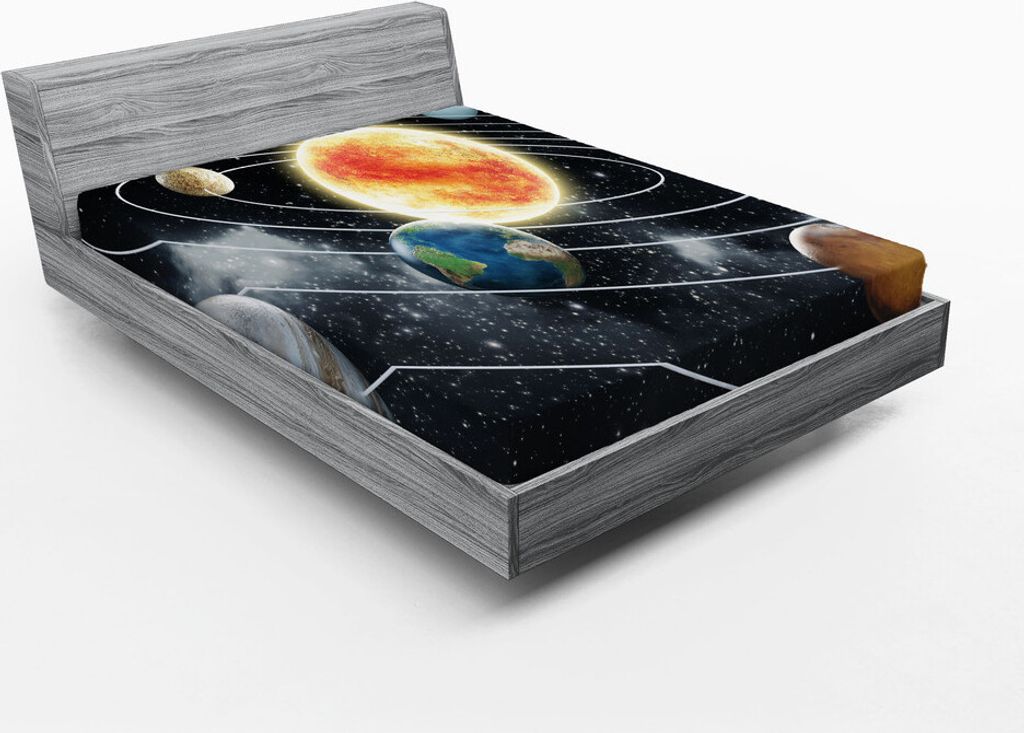 ABAKUHAUS Weltraum Spannbetttuch, Sonnensystem mit Planeten Universum Elemente Sonne Erde Mars und Uranus Muster, 120 x 190 cm, Mehrfarbig