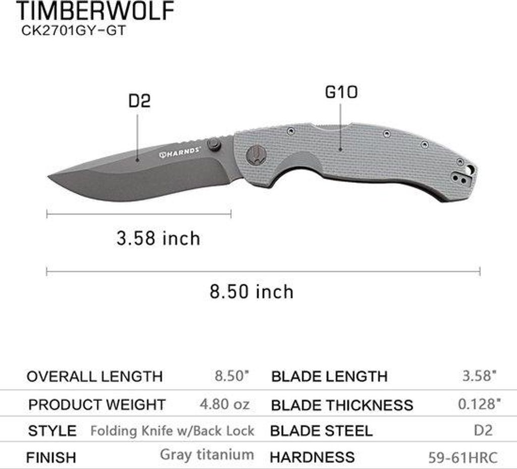 Faltmesser mit 3,6 Zoll D2-Stahl-Blade, glatter Kantenrückverschluss, G10-Griff, Grau, Titan