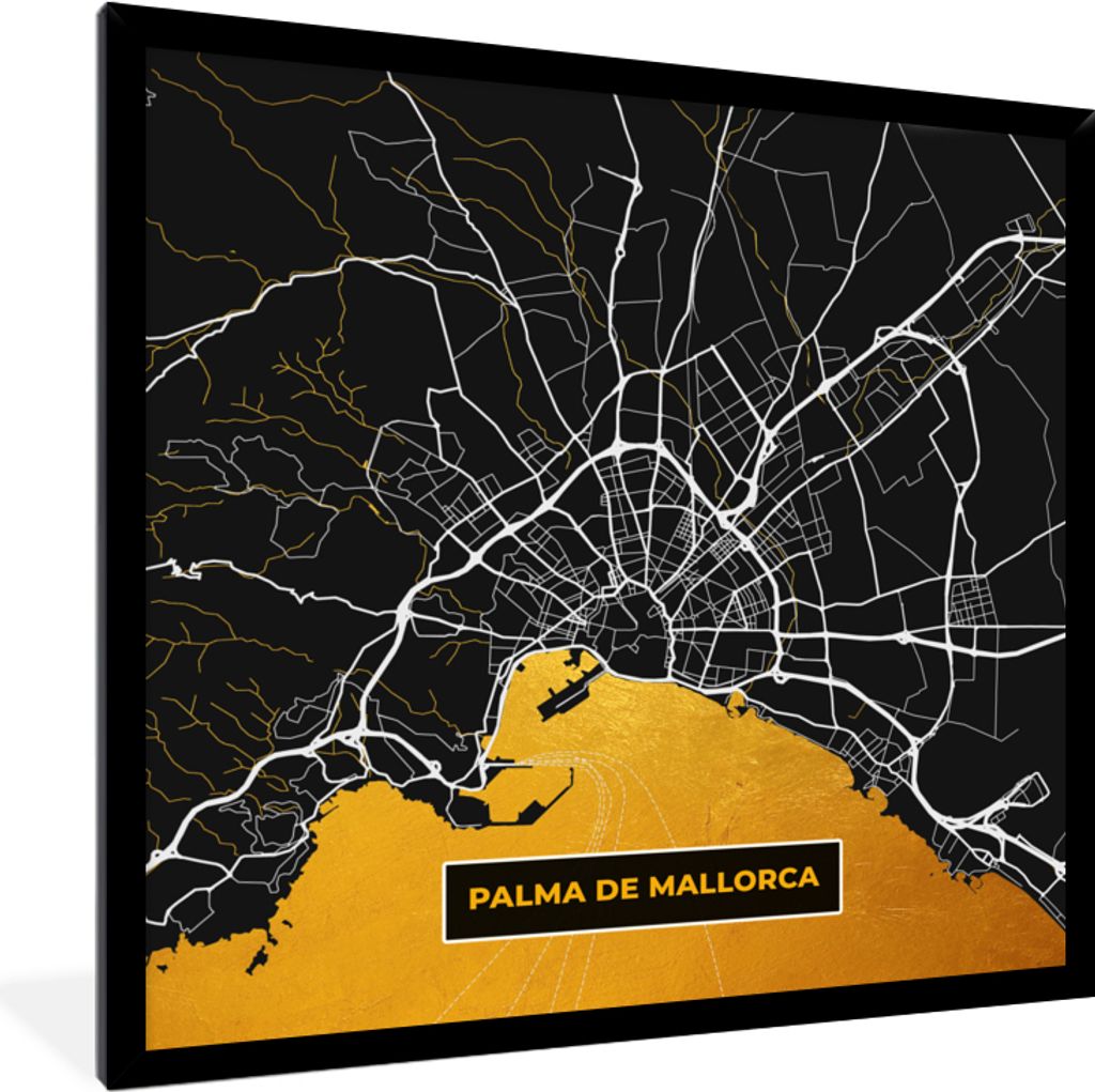 MuchoWow Gerahmtes Poster Mallorca - Stadtplan - Gold - Karte 40x40 cm - Poster mit Schwarzem Bilderrahmen Wandposter Rahmen Foto Bilder - Mit Ra...