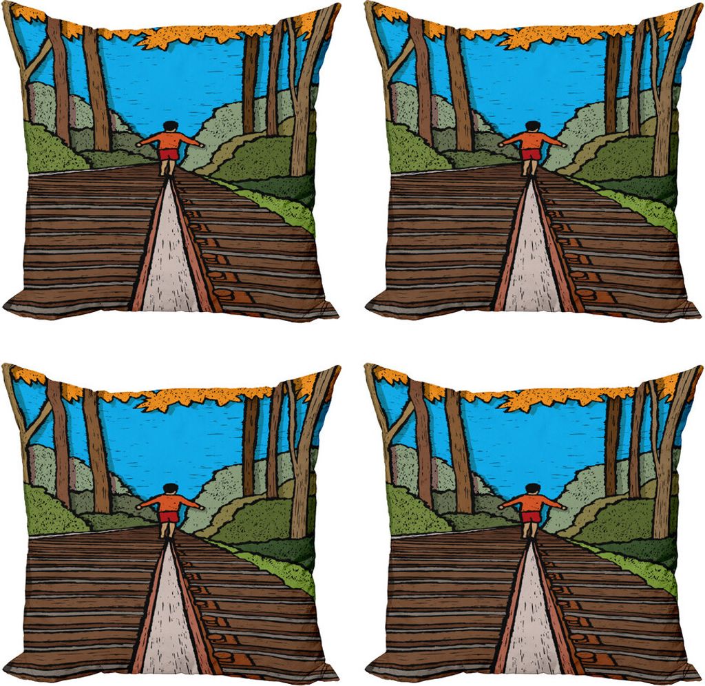 ABAKUHAUS Abenteuer Kissenbezug Set (4 Stück), Kid auf Railways Wald, Moderner Doppelseitiger Digitaldruck, 60 cm x 60 cm, Mehrfarbig