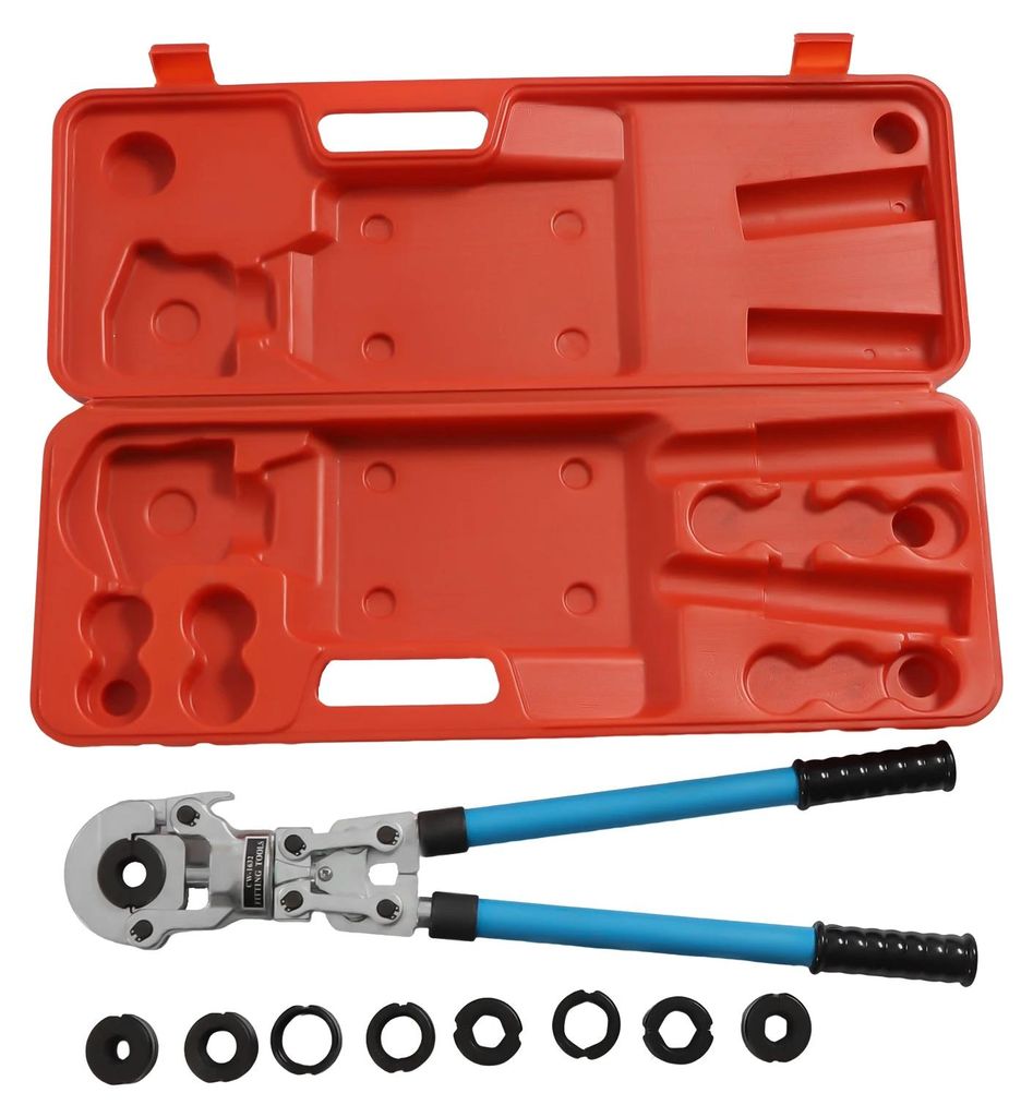 PEX Presszange Set - Hydraulisches Crimpwerkzeug 6T - 360° drehbar - 9 Backen 12–32 mm für Kupfer- und Aluverbundrohr - PB Rohrpresszange mit R...