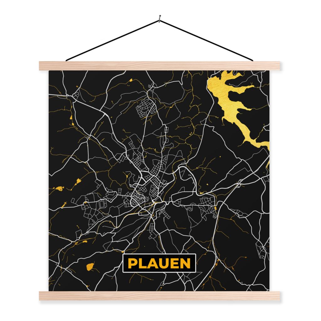 MuchoWow Textilposter Deutschland - Schwarz und Gold - Plauen - Stadtplan - Karte 40x40 cm mit holzfarbenen Rahmen - Posterleiste