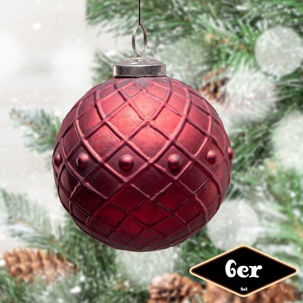Christbaumkugelset, Rund, 6er Set | Glas, Rot, Struktur | Produktbild 