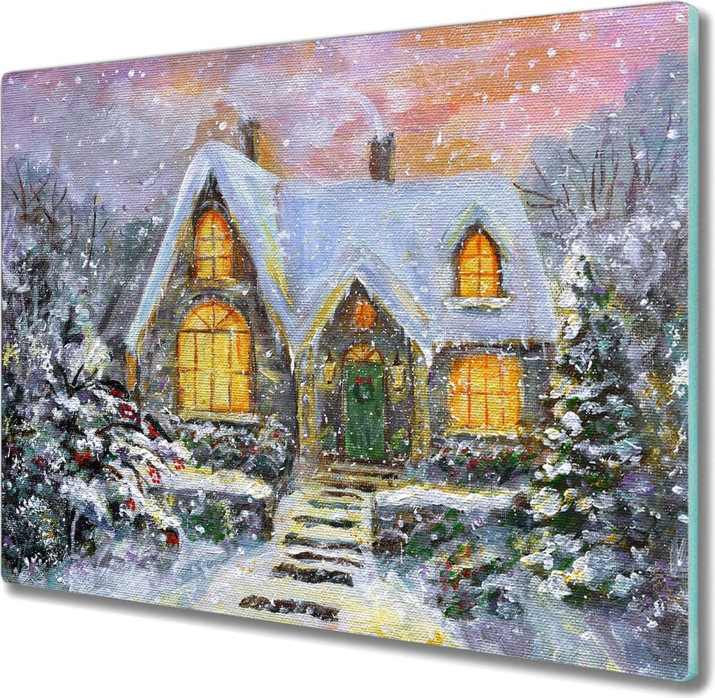 Coloray Küchenbrett Kochplattenabdeckung Hackbrett Schneidebrett Herdabdeckplatte 60x52 cm - Winterferien Haus Schnee