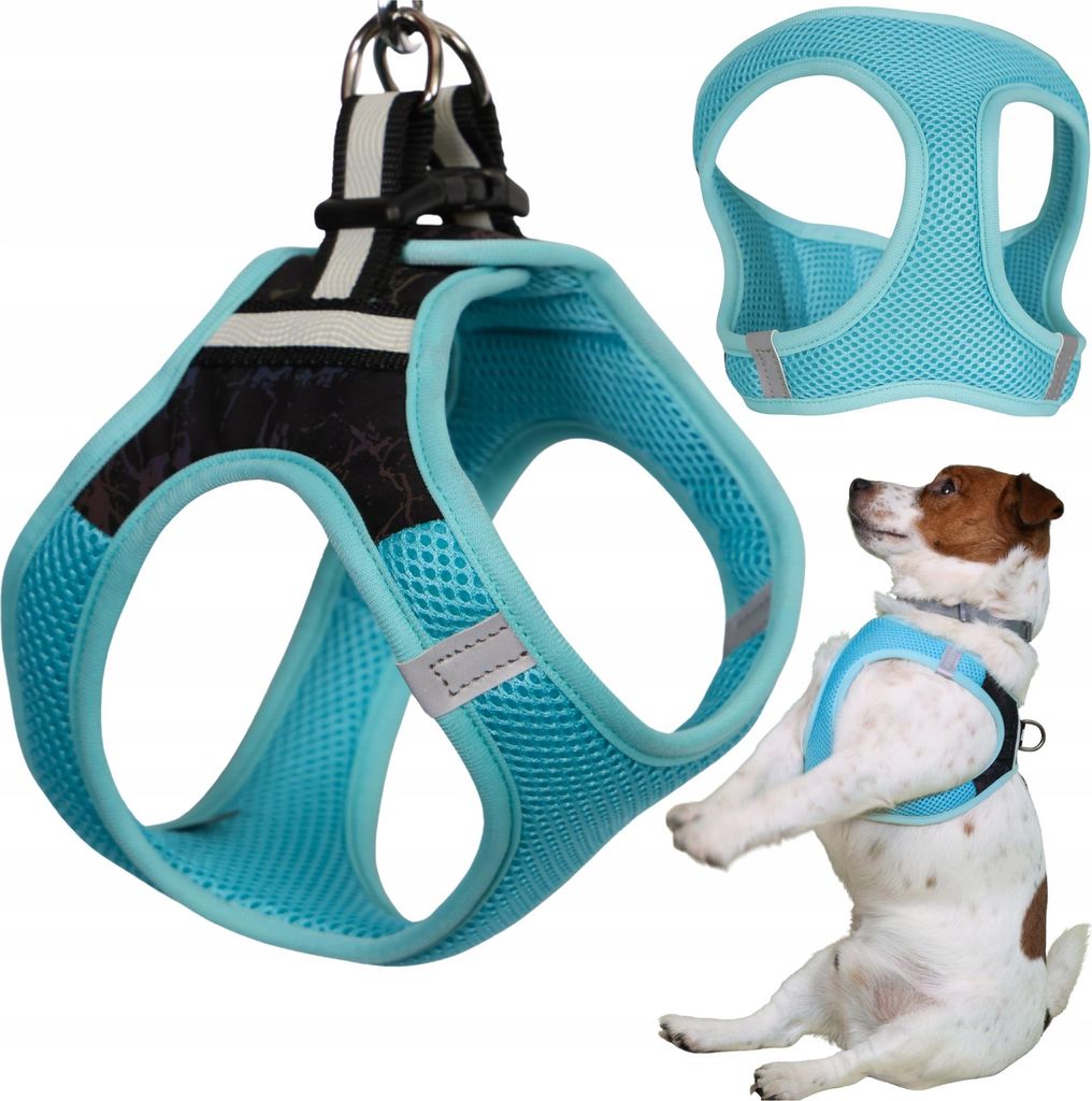 WOBELL | HUNDEGESCHIRR FÜR KLEINE HUNDE, REFLEKTIEREND, KOMFORTABEL, BEQUEM, Größe M - leicht, wasserdicht, Klett+Schnalle, blau/schwarz