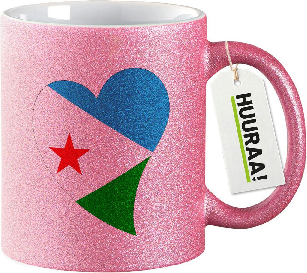 Huuraa Glitzertasse Dschibuti Flagge Herz 330ml Pink Keramik Kaffeebecher Geschenkidee