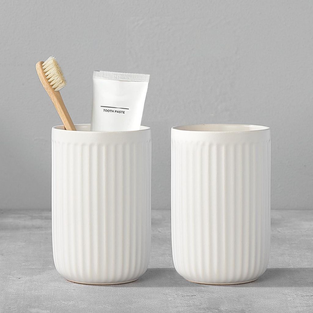 Weiß Streifen Zahnputzbecher Keramik Set, Zahnbürstenhalter für Elektrische Zahnbürste Zahnbürste und Zahnpasta, Kinder Toothbrush Holder, Zah...