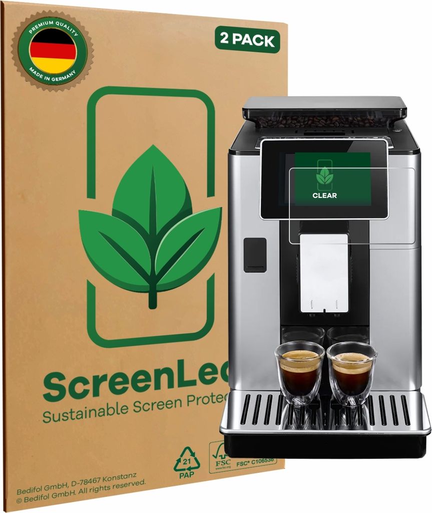 2x ScreenLeaf Schutzfolie für DeLonghi PrimaDonna Soul ECAM612.55.SB nachhaltiger Displayschutz Display Schutz Folie Klar Transparent
