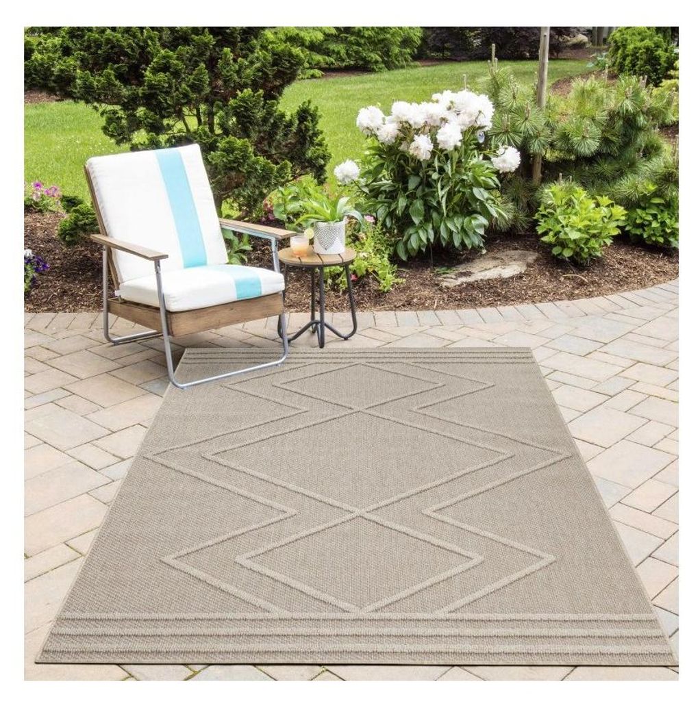 Balkonteppich für Küche, Terrasse, Außenbereich und Innenbereich – Geometrisches Zickzack-Karomuster – Beige-Creme 80 x 250 cm
