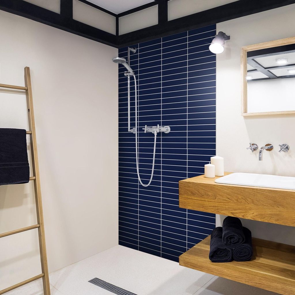 Duschrückwand mit Motiv selbstklebend - 0.35 mm Wandpaneel wasserfest Design blau Fliesenoptik Unifarben Badrückwand fugenlos Smart matt 110x190 cm