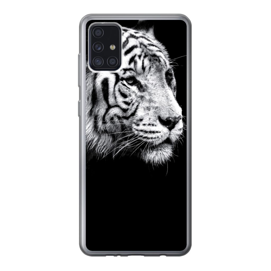 MuchoWow Handyhülle Schutzhülle Hülle für Samsung Galaxy A52 5G Studioaufnahme eines weißen Tigers auf schwarzem Hintergrund Silikon Softcas...
