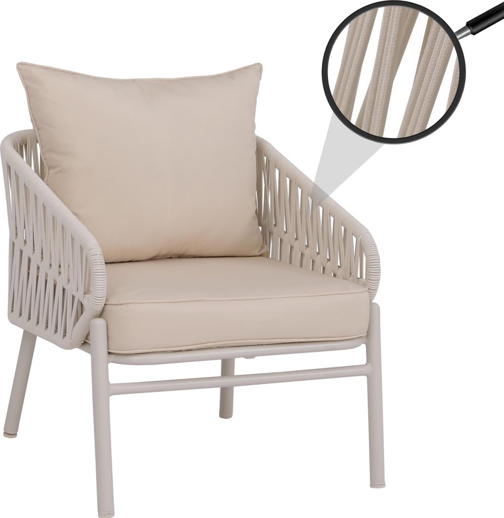 Aluminium-Gartenstuhl HWC-P90, Loungestuhl Sessel Outdoor, Seilgeflecht Rope Stoff/Textil (180g/m²) creme