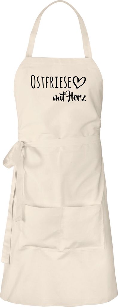 Huuraa Schürze Ostfriese mit Herz Natur mit Taschen Baumwolle Kochschürze Geschenkidee