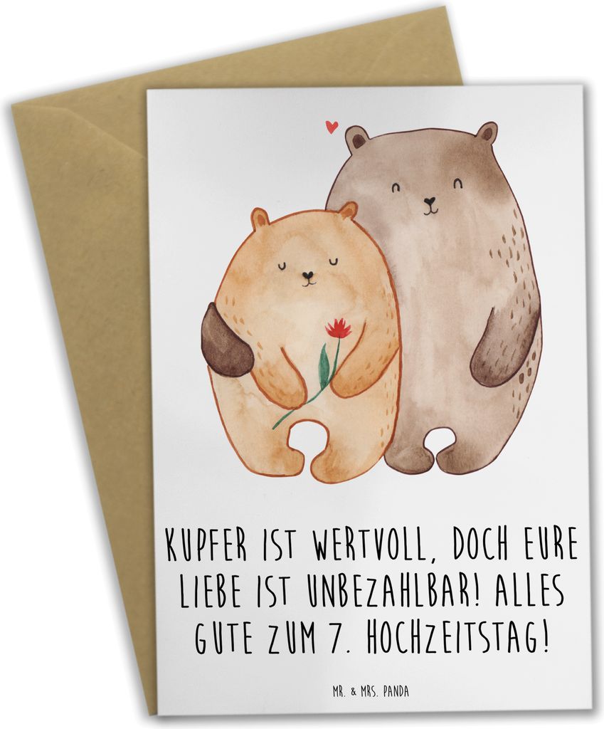 Mr. & Mrs. Panda Glückwunschkarte 7. Hochzeitstag Kupferhochzeit - Weiß - Geschenk, hochzeitskarten, Beziehung, weihnachtskarten, vatertagskarte,...