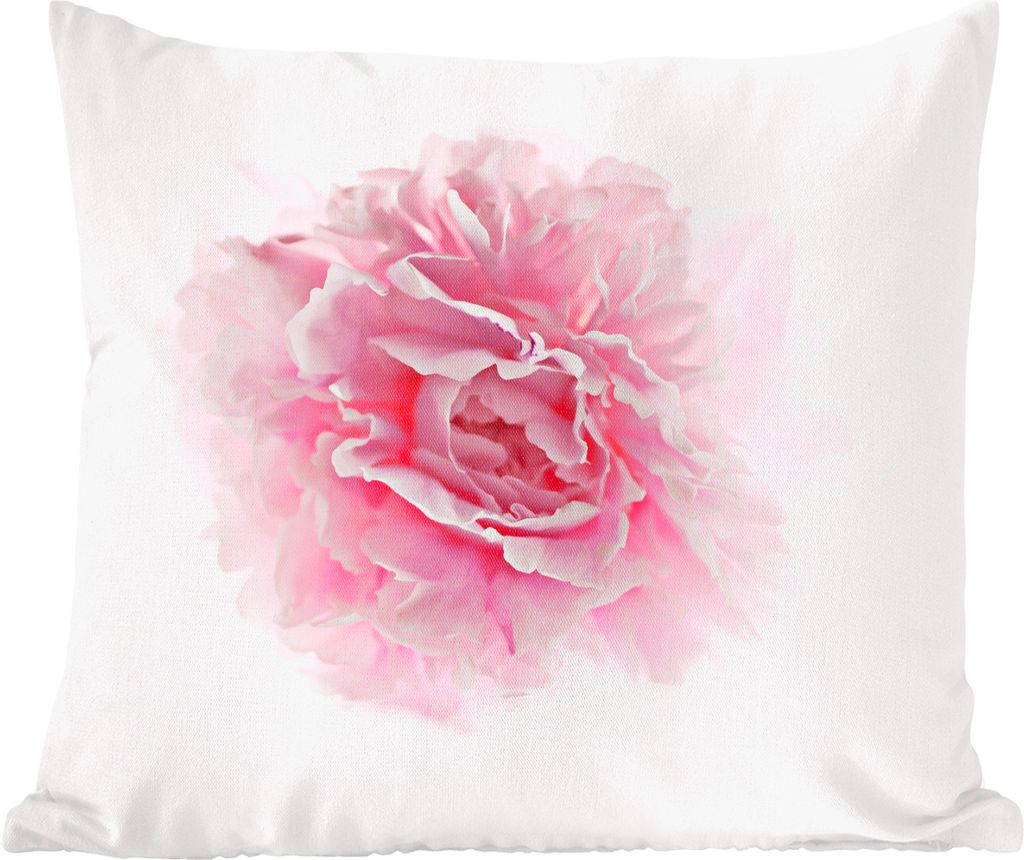 MuchoWow Zierkissen Sofakissen Wohnzimmer Dekokissen 60x60 cm Draufsicht auf eine rosa Pfingstrose mit weißem Hintergrund - Sitzfläche - Foto P...