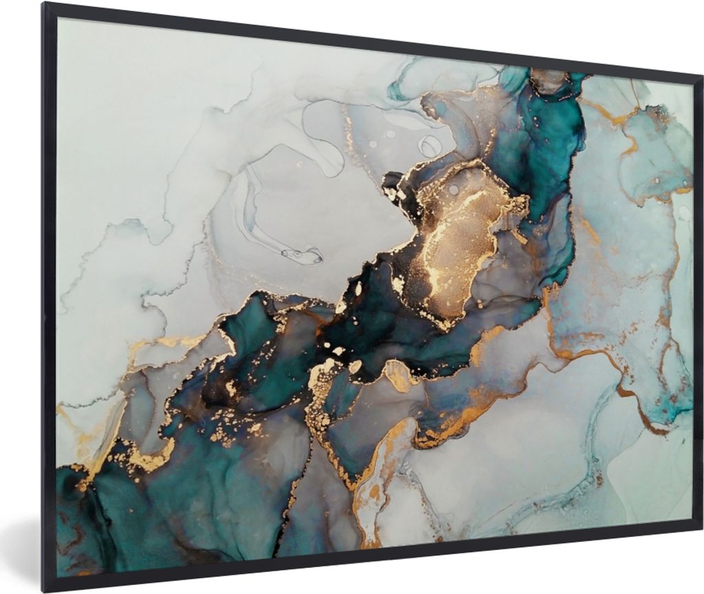 MuchoWow Gerahmtes Poster Blau - Marmor - Gold 90x60 cm - Poster mit Schwarzem Bilderrahmen Wandposter Rahmen Foto Bilder - Fotorahmen - Foto-Plakat