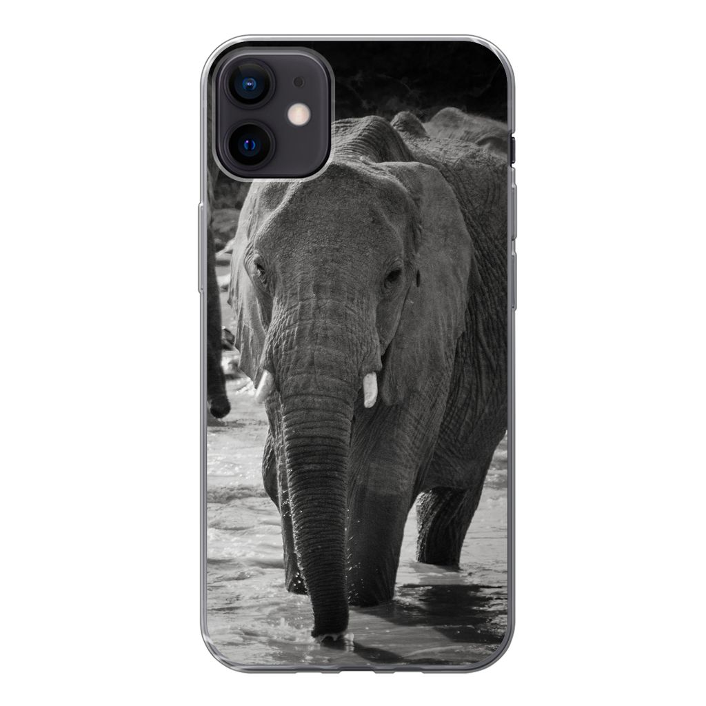 MuchoWow Handyhülle Schutzhülle Hülle für iPhone 12 mini Elefant - Tiere - Wasser - Schwarz und weiß Silikon Softcase Handy Hülle - Bild
