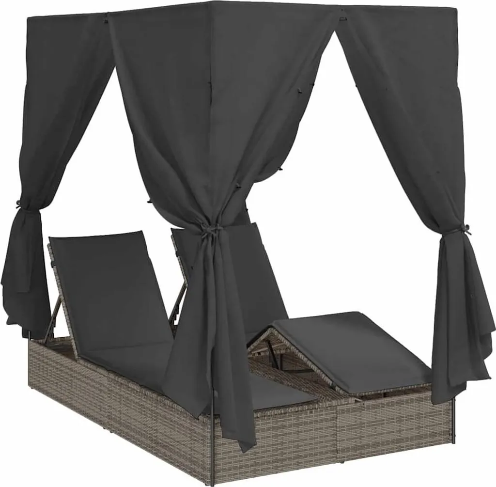 Lit de repos de jardin double en poly-rotin gris avec toit pare-soleil