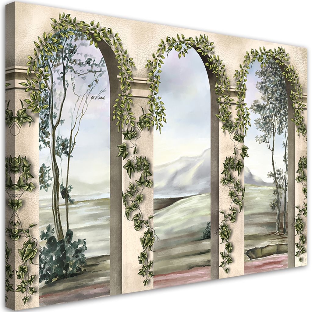 Leinwandbild Säulen und Bögen mit Efeu 90x60 Feeby Beige bild für die wand bereit zum aufhängen