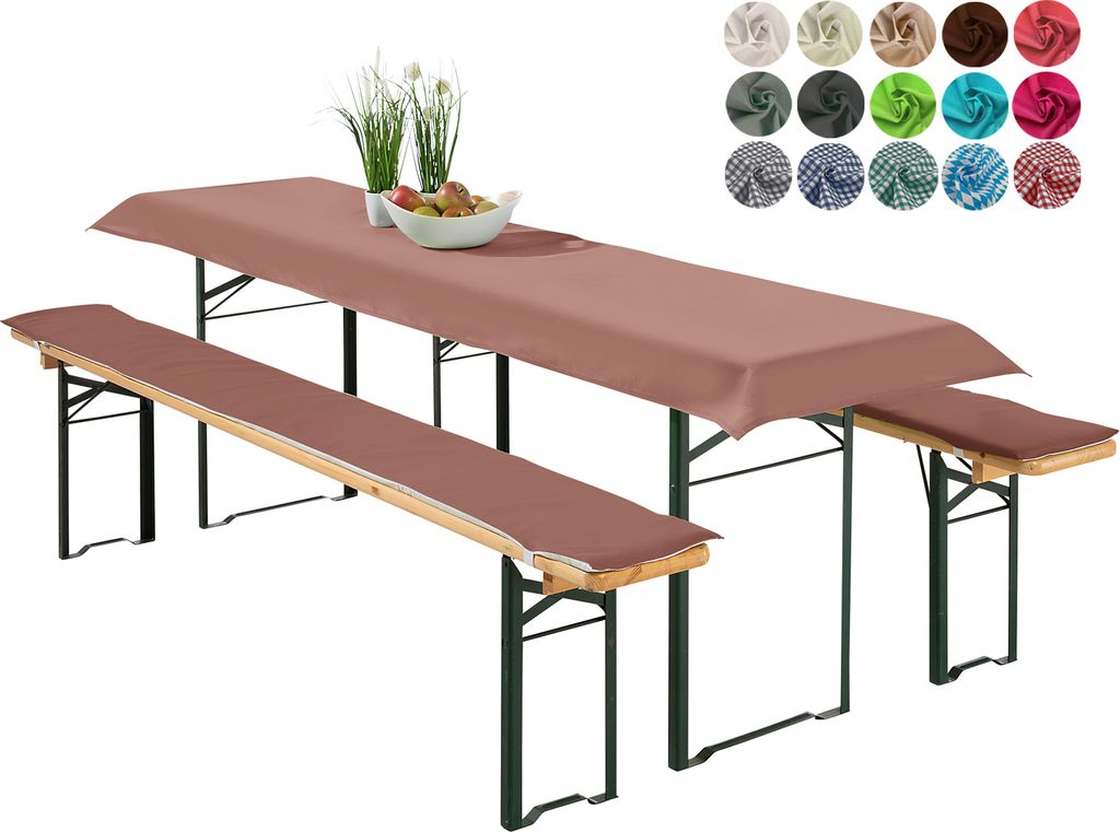 heimtexland Bierzeltgarnitur Auflagen Set 3-teilig Tischdecke Bierbank Polster Sitzkissen Tischdeko Typ698 Braun für Tischmaß 50x220 cm
