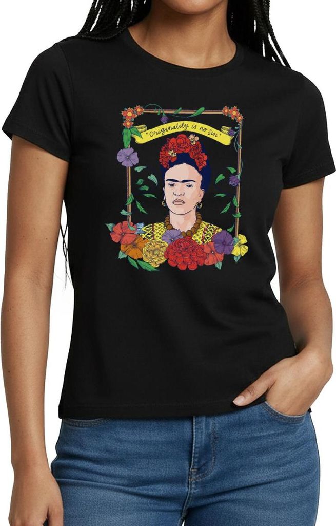 Spreadshirt Frida Kahlo Mit Rahmen Aus Bunten Blumen Frauen T-Shirt, M, Schwarz