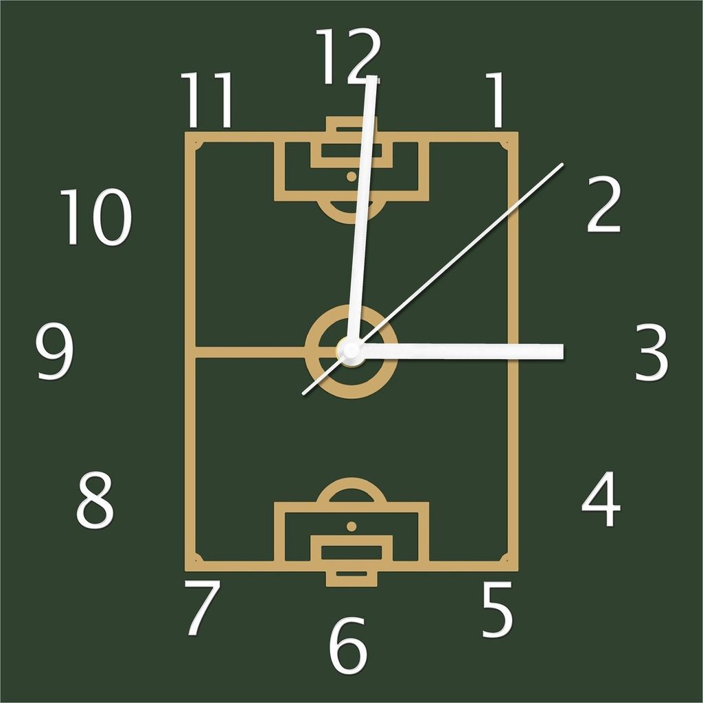 Wallario Design Wanduhr Fußball - Fußballfeld gezeichnet in grün und gelb aus Echtglas, Größe 30 x 30 cm
