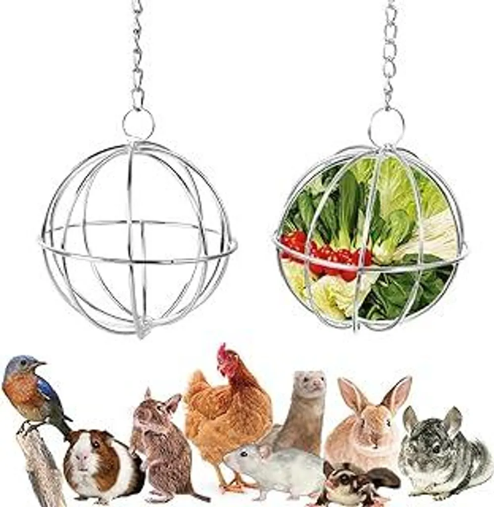 2 pezzi di pallina alimentatore in acciaio inossidabile, giocattolo alimentatore con ganci sospesi, pallina alimentatore in acciaio inossidabile per roditori, pallina di fieno da appendere per porcellini d'India, criceti, conigli e roditori, 8 cm - 1