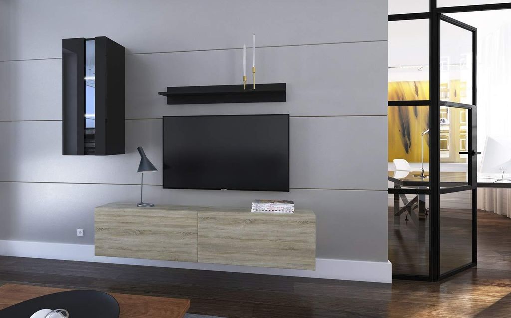 Furnitech Wohnwand Wohnzimmer - Wohnzimmer Möbel mit LED Weiß - Hängend Wohnwand Modern - Regale und TV Schrank (Mery AN271-17SB-HGM40 1A Klein)