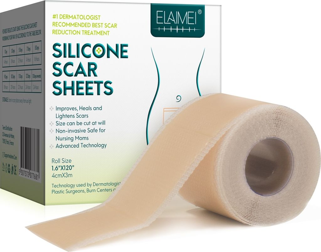 A roll of silicone scar sheets is shown next to its packaging.
