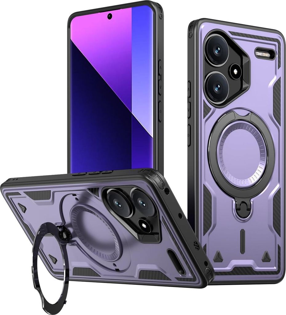 Dual Layer Hülle für Xiaomi Redmi Note 13 Pro+ 5G Metall Ring Ständer Magnetisch Stoßfest Militär Handyhülle Lila