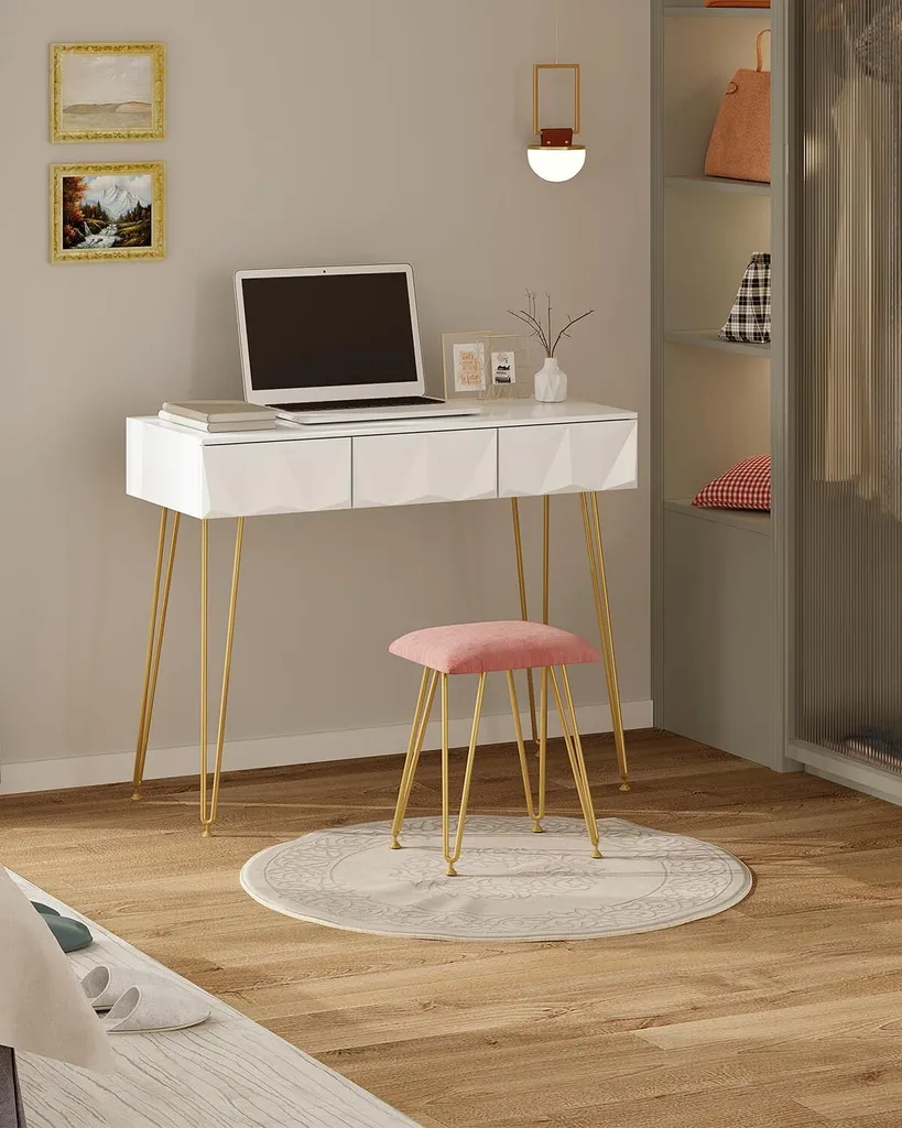 Coiffeuse Eugad avec Miroir Pivotant 360° et Tabouret en Velours Gris