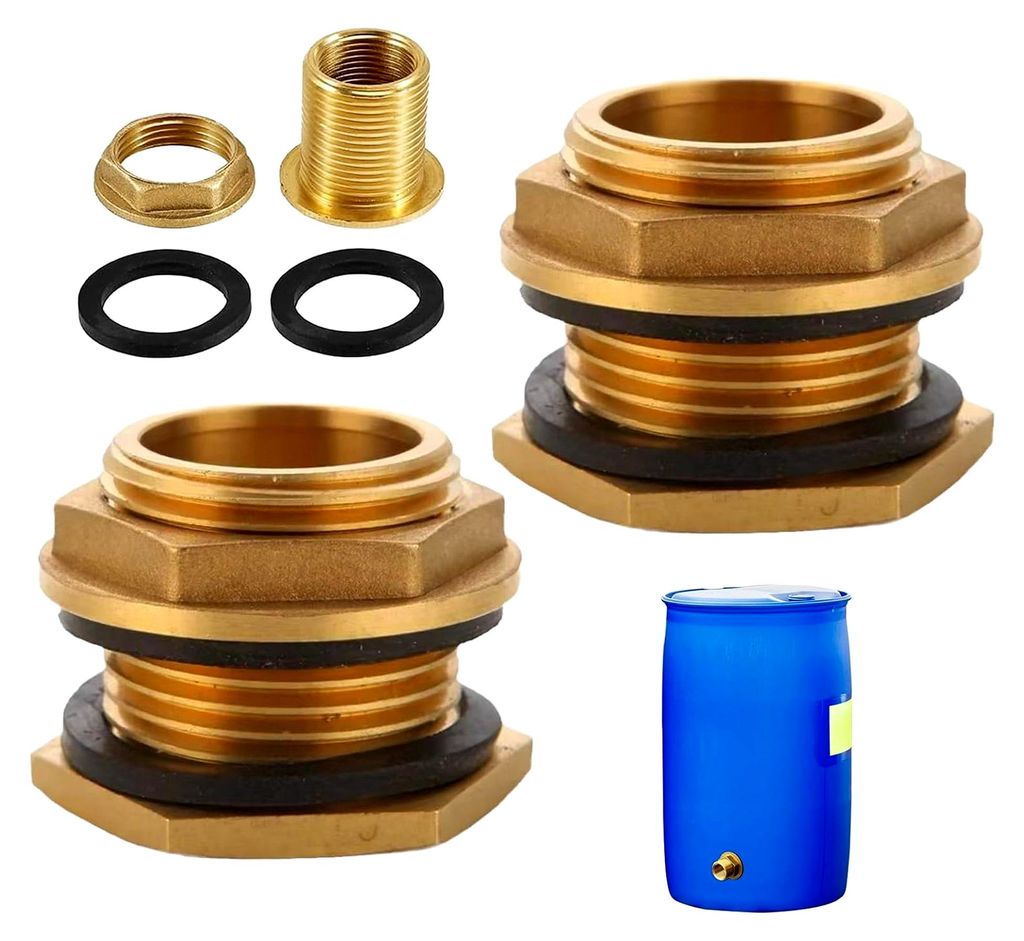 2 Stück Regentonnendurchführungen, Fassdurchführungen 1/2 Zoll (17mm) Innengewinde, 3-Teilig, Messing mit 2 Gummidichtungen für Wasserhähne, W...