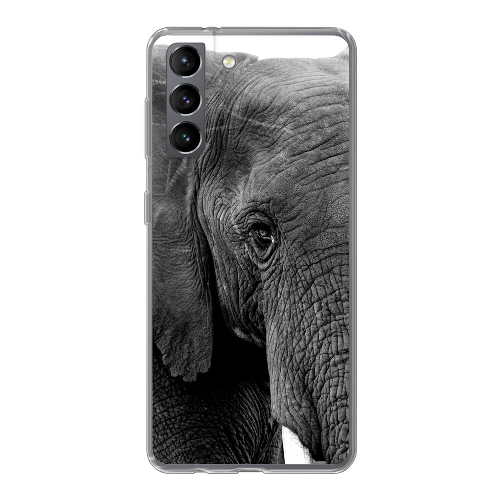 MuchoWow Handyhülle Schutzhülle Hülle für Samsung Galaxy S21 Elefant - Tiere - Schwarz - Weiß - Natur Silikon Softcase Handy Hülle - Softcase