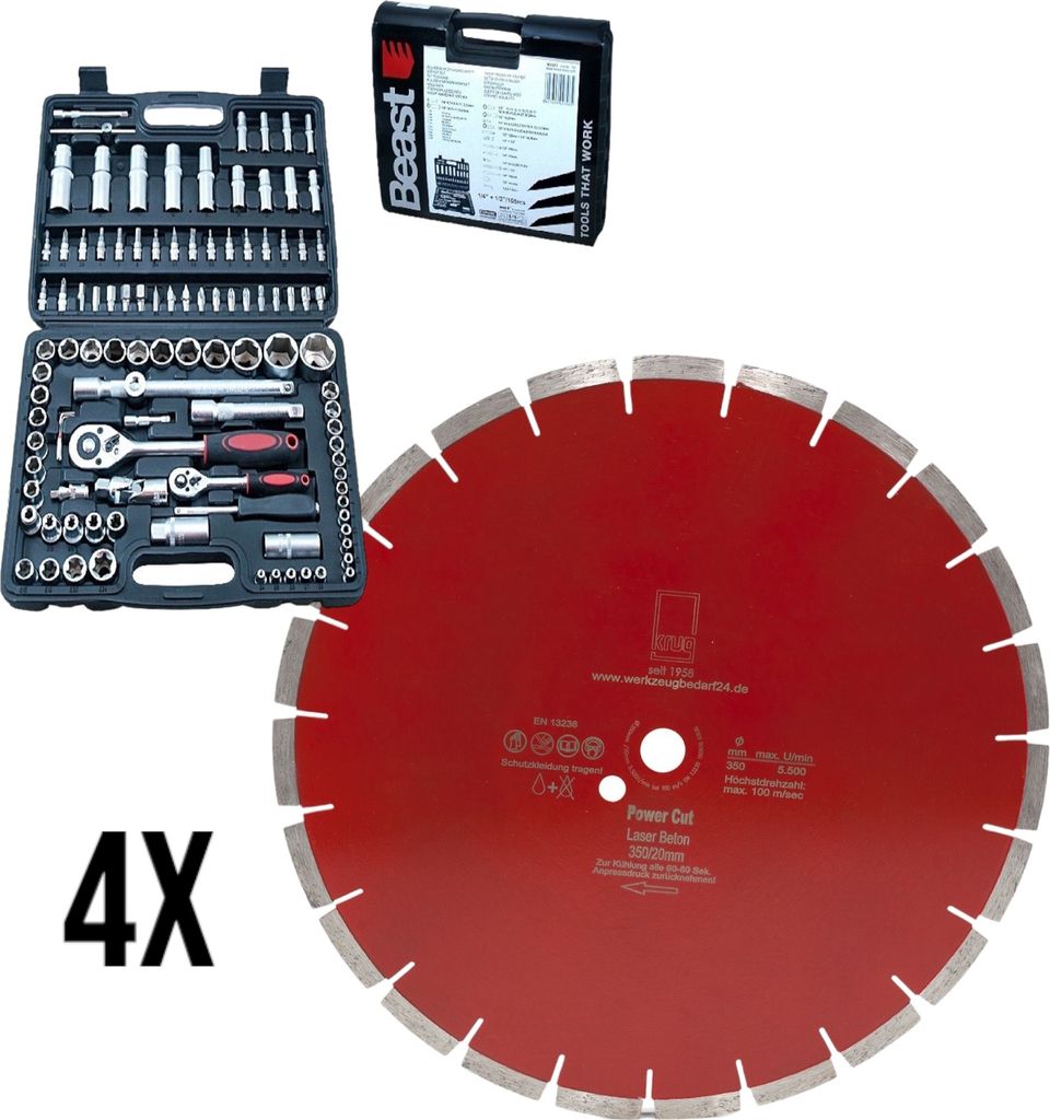 4 x D350-L1020 Power Cut +Allround Steckschlüsselsatz 108-teilig Set 1/2+1/4" CRV 108