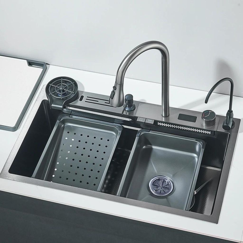 Wasserfall Küchenspüle - Einzelbecken 2-Tasten D2 - 75 x 45 cm - 304 Edelstahl gebürstet - Mit Armatur & Seifenspender - Digitalanzeige - 4-Loch...