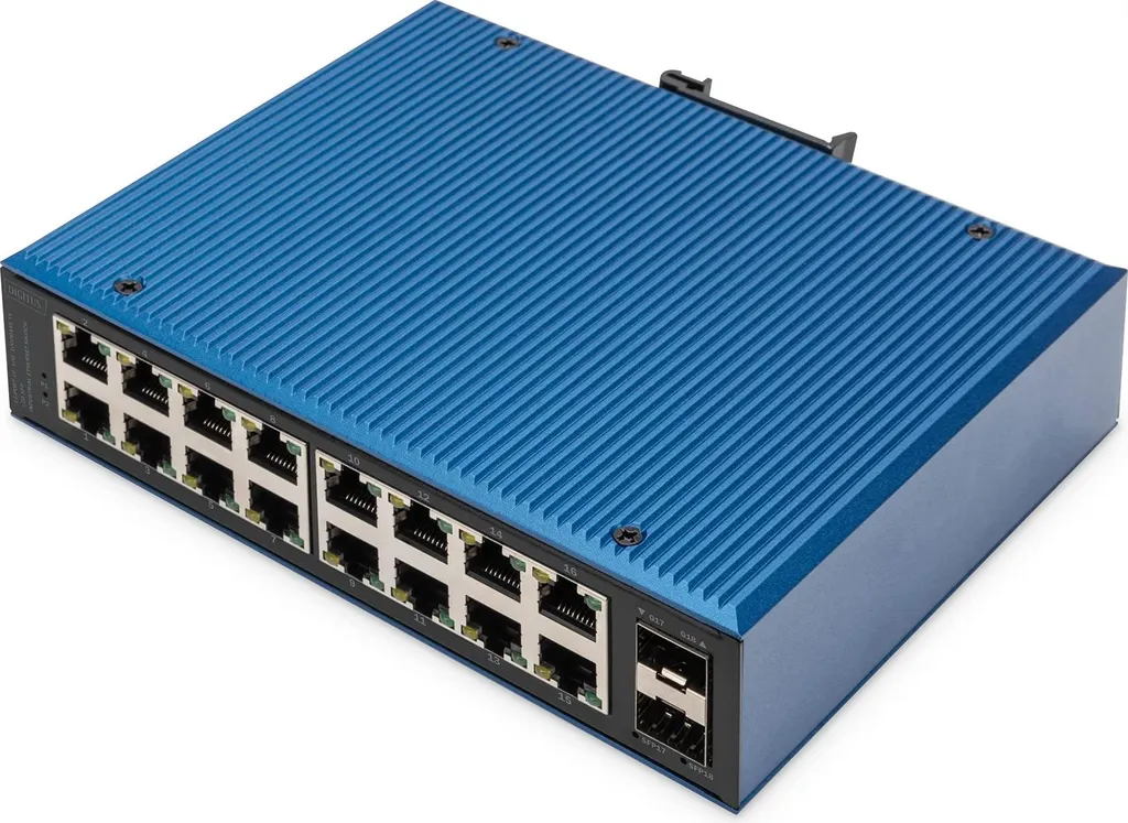 DIGITUS Switch Industriel 16 Ports Gigabit et 2 SFP Rail DIN Bleu