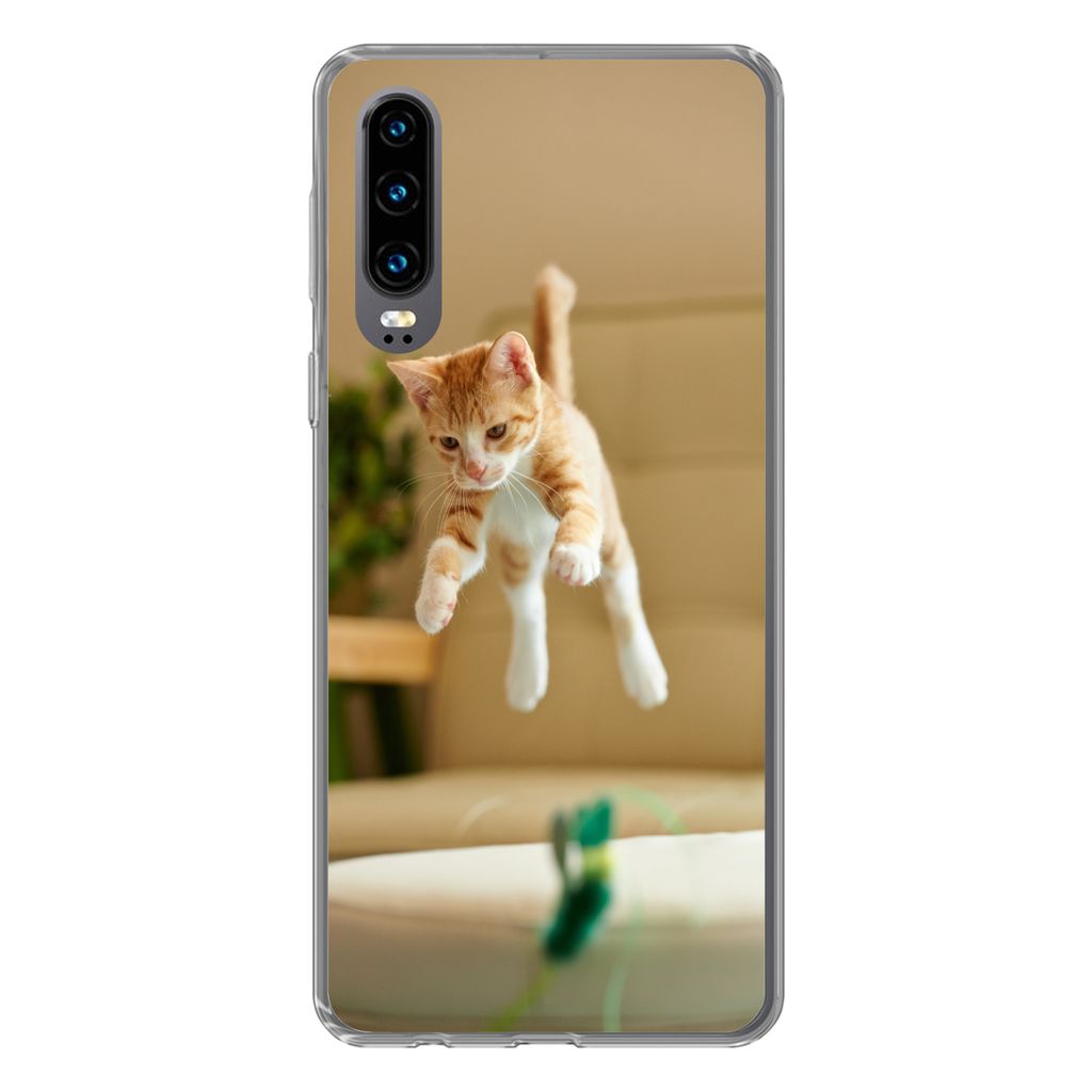 MuchoWow Handyhülle Schutzhülle Hülle für Huawei P30 Katze - Springen - Spielzeug Silikon Softcase Handy Hülle - Kartenbesitzer