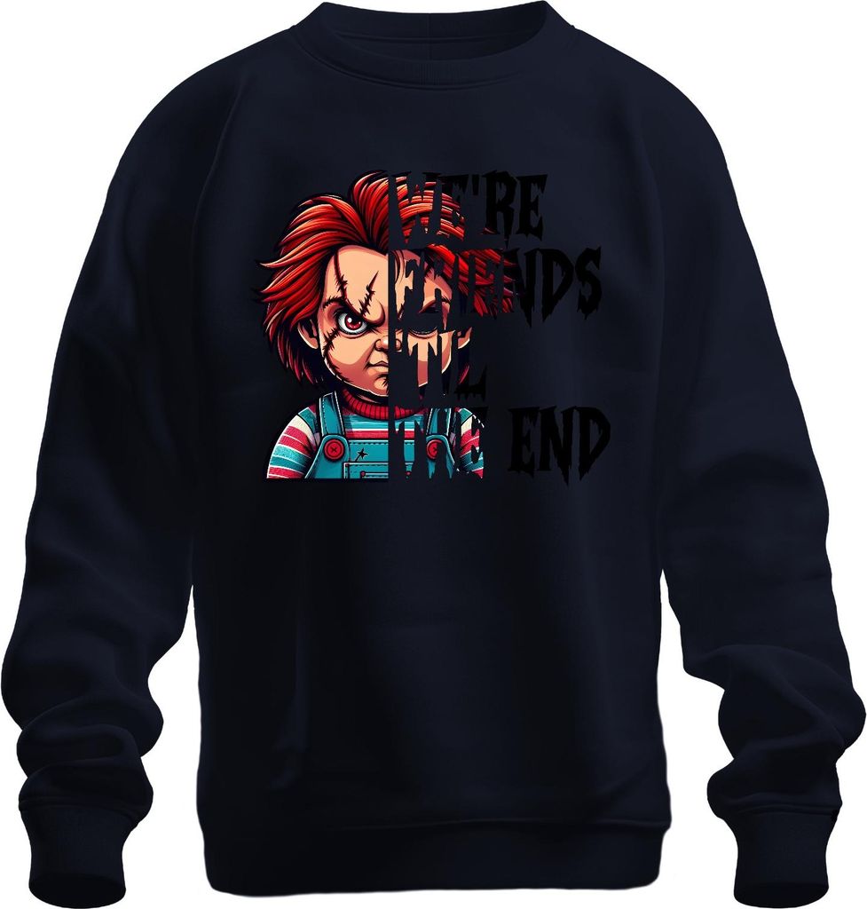 Chucky Puppe Horror Grusel Halloween Narbe Latzhose Rot Haar Uni Sweatshirt Pullover, Navy, XL