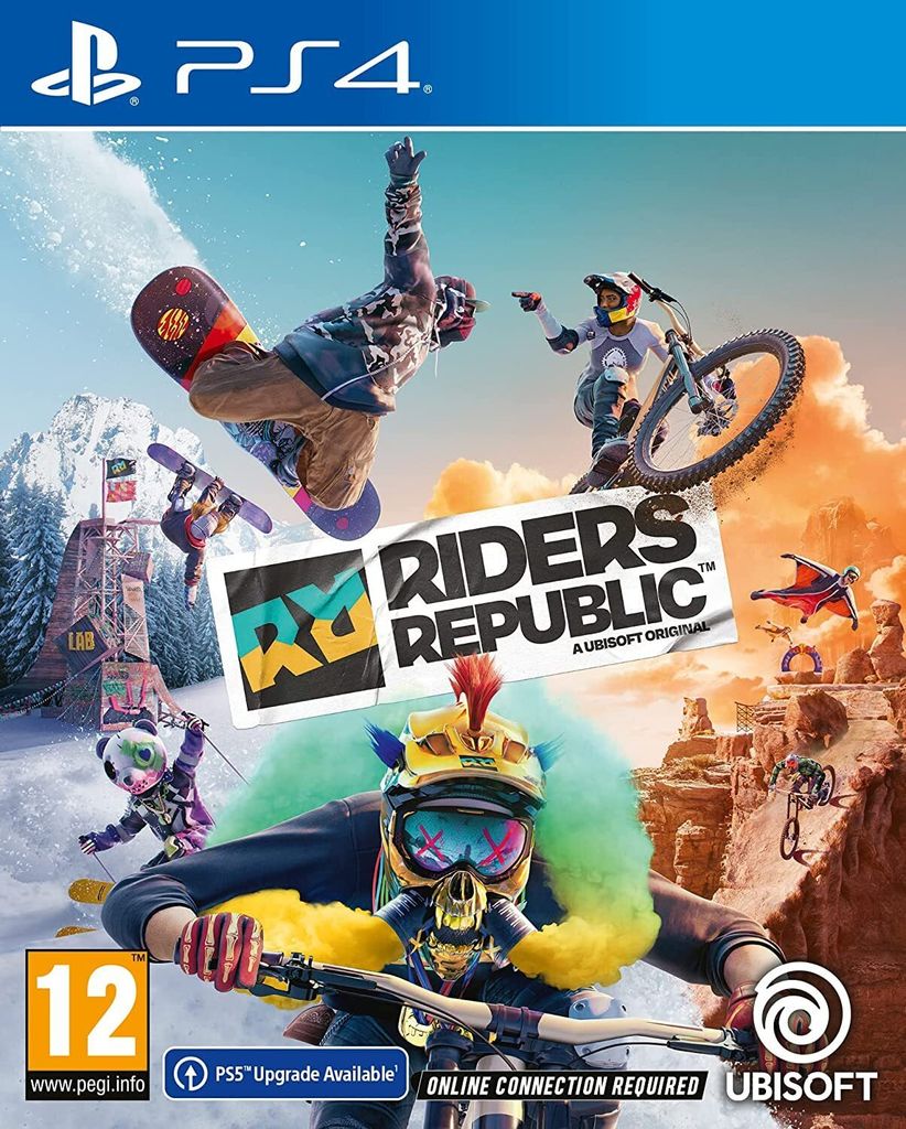 A dynamic action shot of extreme sports athletes in mid-air, with mountains and a vibrant sky in the background.