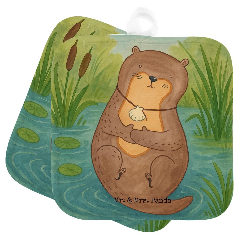 Mr. & Mrs. Panda 2er Set Topflappen Otter Muschel Design - Weiß - Geschenk, Ofenlappen, Motivation, Kochlappen, Büro, Seeotter, topfhalter, Topfu...
