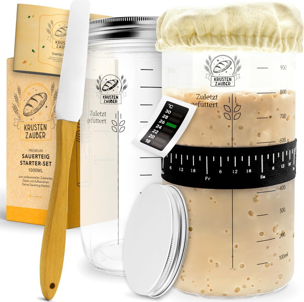 KRUSTENZAUBER 2x Sauerteig Starter Set - 2x 1000ml Gärglas mit Spatel u. Thermometer - Brot Backen Zubehör, Sauerteig Glas, Fermentieren, Sourdou...