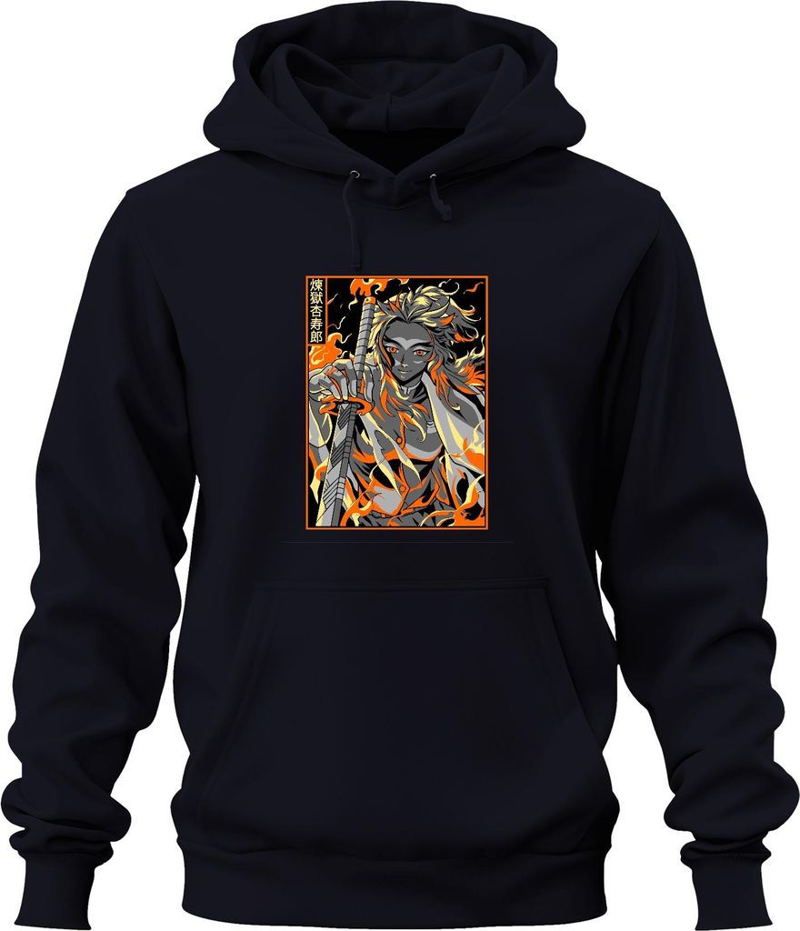 Demon Slayer Rengoku Flammen Schwert Anime Geschenk Vintage Uni Hoodie Kapuzenpullover, Navy, M